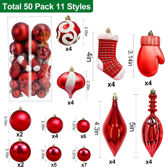 50 Pack Christmas Ball Ornaments 11 Styles Assorted Christmas Tree Decorations Hanging Ornaments Pendant with Strings Shatterproof Holiday Party Xmas Tree Decor Home (Red)
