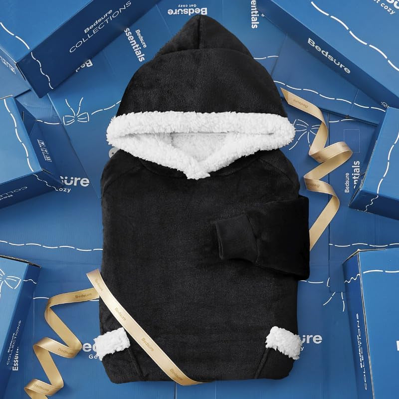 Wearable Blanket Hoodie, Long Hooded Blanket Sweatshirt as Birthday Gifts for Women, Cozy Sherpa Hoodie for Adult, Standard, Black
