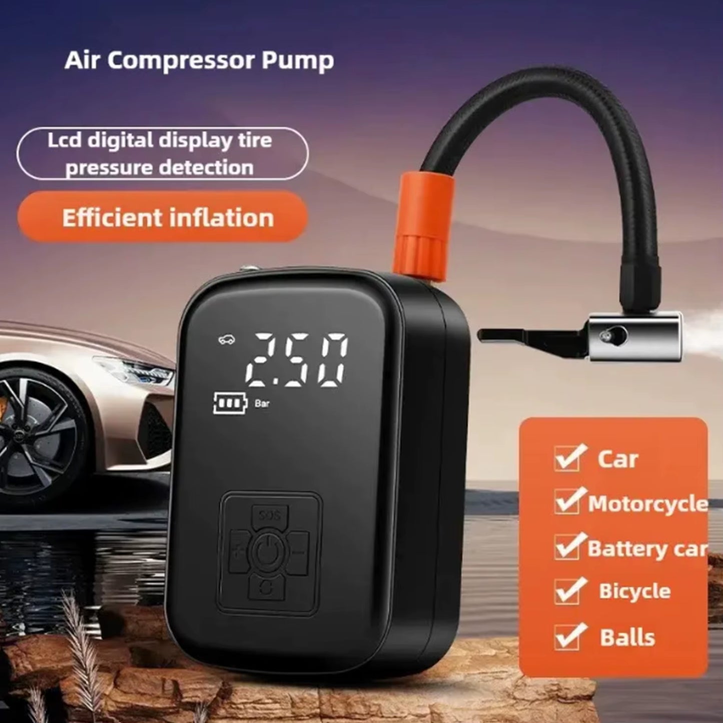 Wireless Portable Car Air Pump Digital Display Multi-Function Tire Basketball Bicycle Emergency Inflator Pump for Travel Camping