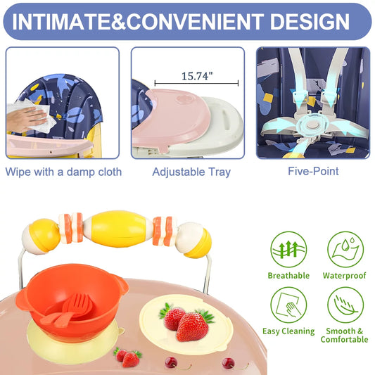 4-In-1 Baby High Chair Portable Toddler Baby Dining Chairs Eat & Play Convertible High Chair with Five-Point Snap Button, Dinner Plate and Toy Rack, Purple