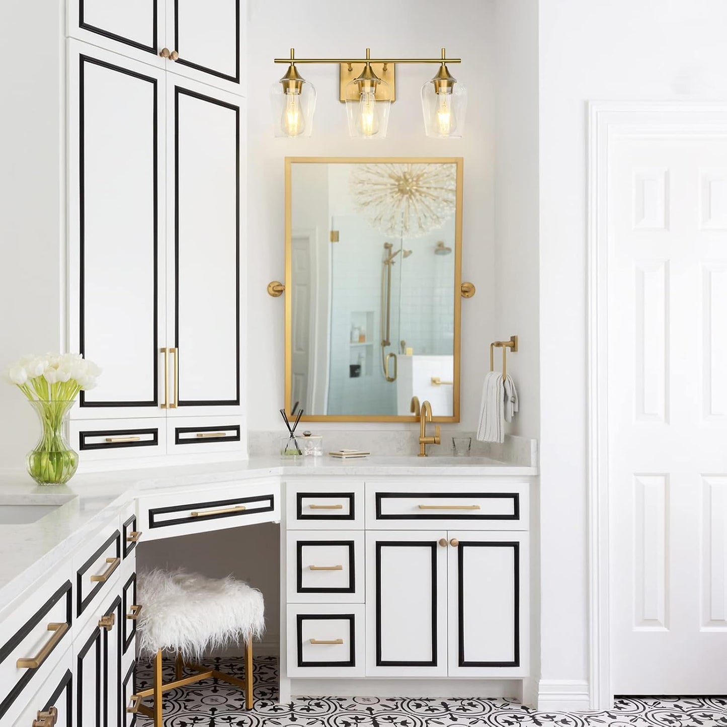 3-Light Gold Bathroom Light Fixtures, Brushed Brass Vanity Lights for Bathroom with Clear Glass Shade over Mirror for Bedroom Hallway Living Room