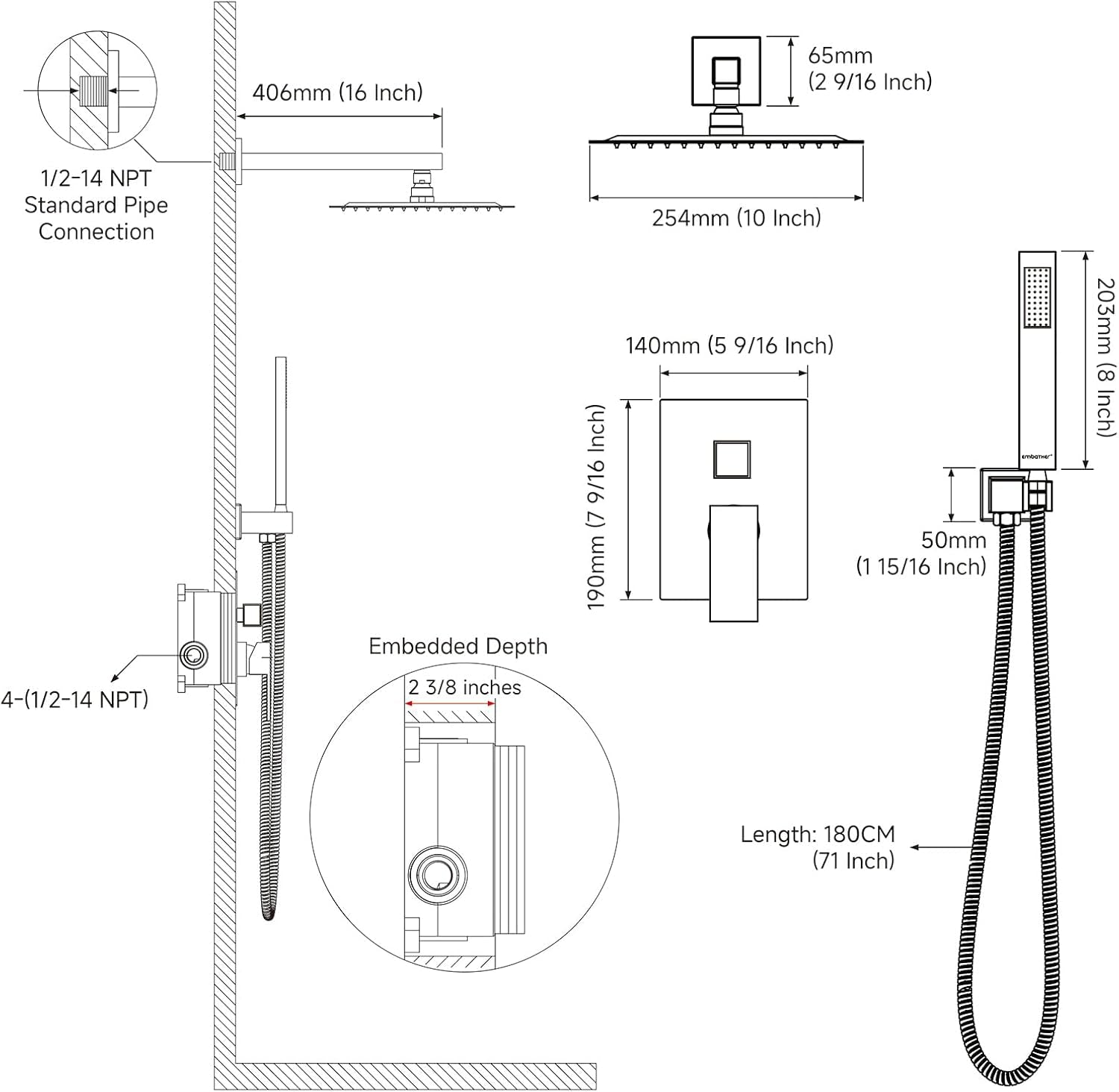 Rain Shower System Sets Faucet:  10 Inch Overhead Rainhead Shower Combo Set with Handheld and Valve-Luxury Modern Mixer Rainfall Brushed Nickel Shower Faucets Sets Complete