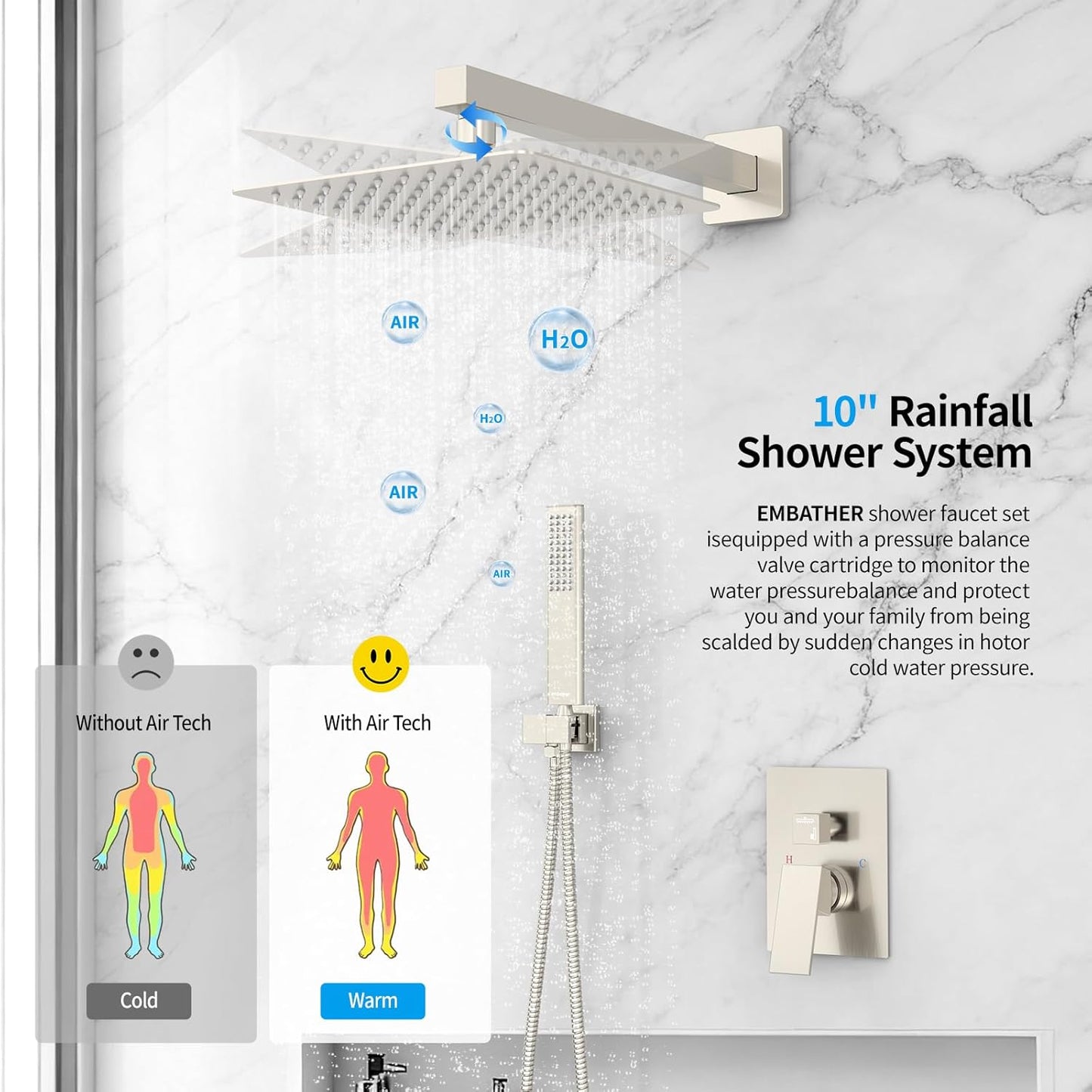 Rain Shower System Sets Faucet:  10 Inch Overhead Rainhead Shower Combo Set with Handheld and Valve-Luxury Modern Mixer Rainfall Brushed Nickel Shower Faucets Sets Complete