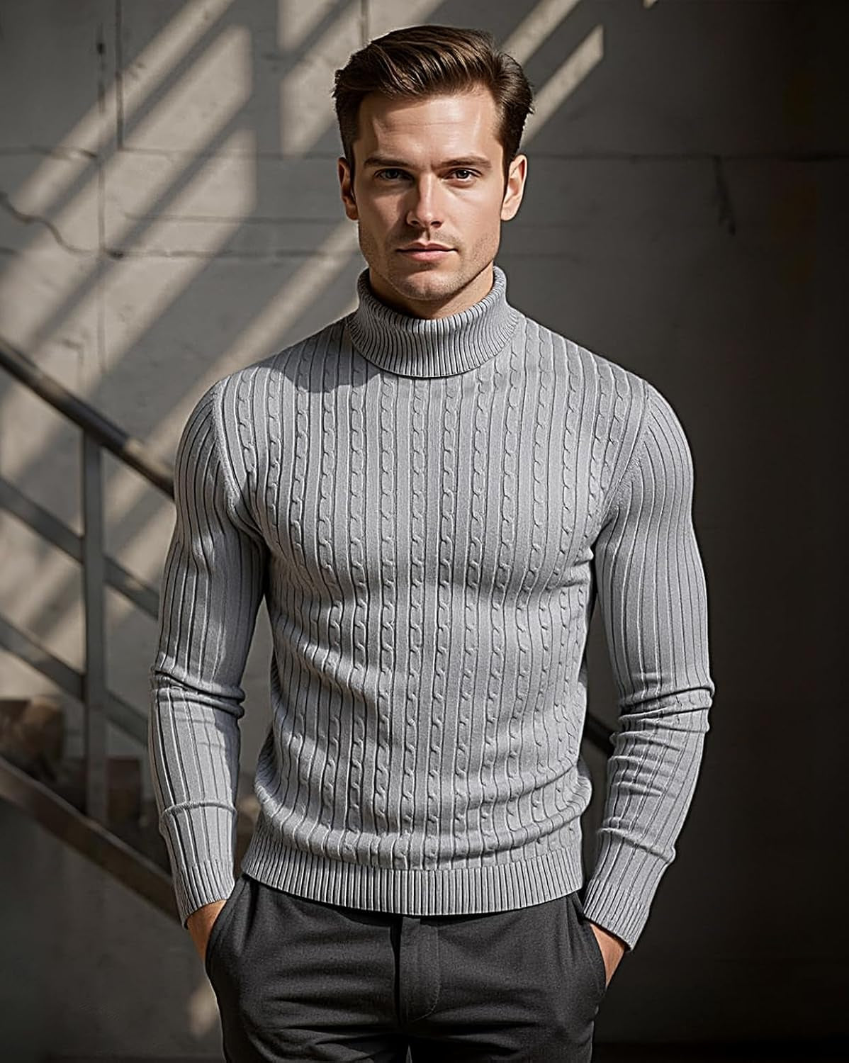 Mens Slim Fit Turtleneck Sweater Cable Knit Thermal Pullover Sweater