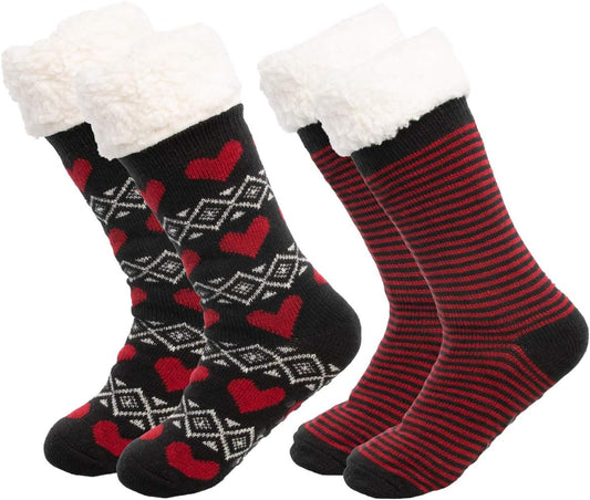 Sock Slippers for Women - 2 Pack Non Slip Socks - Fuzzy Socks Warm Socks with Grippers Sherpa Fleece Lined Thermal