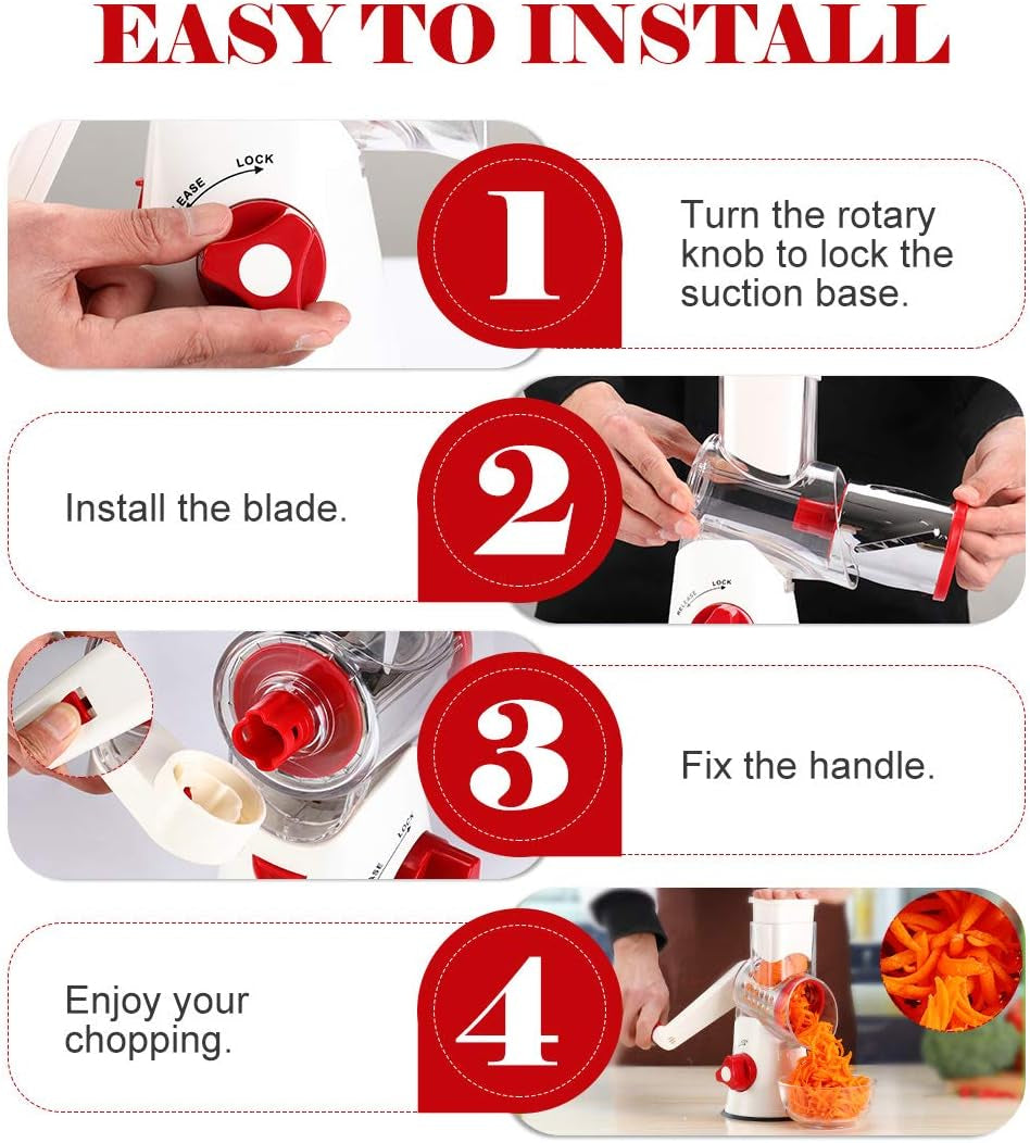 Rotary Cheese Grater Hand Crank, Kitchen Shredder Speed Mandolin Slicer Nuts Grinder with Handle and Drum Blades for Cheese, Vegetable, Chocolate, Potato, Carrot, 3 Blades, White Red