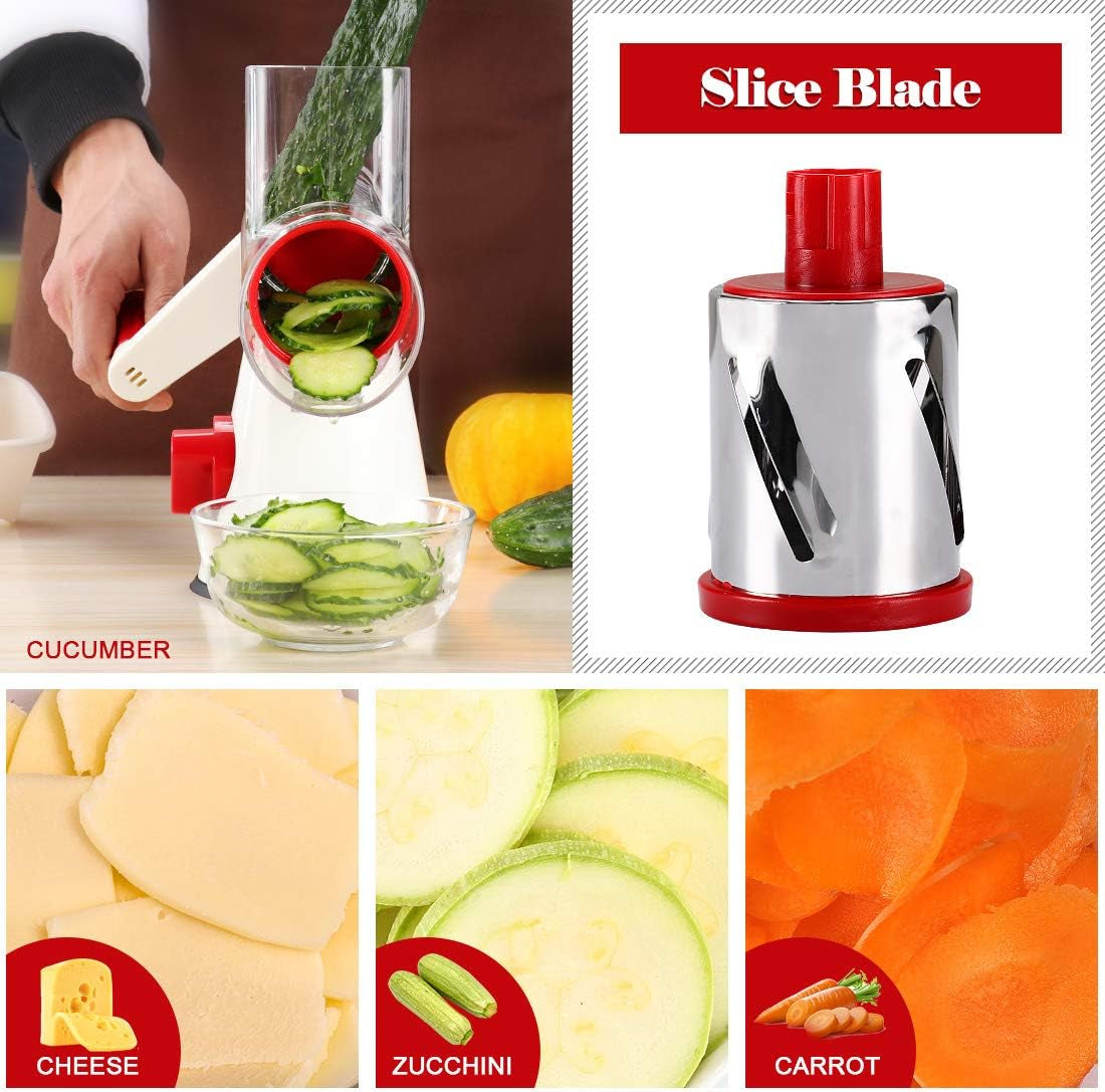 Rotary Cheese Grater Hand Crank, Kitchen Shredder Speed Mandolin Slicer Nuts Grinder with Handle and Drum Blades for Cheese, Vegetable, Chocolate, Potato, Carrot, 3 Blades, White Red