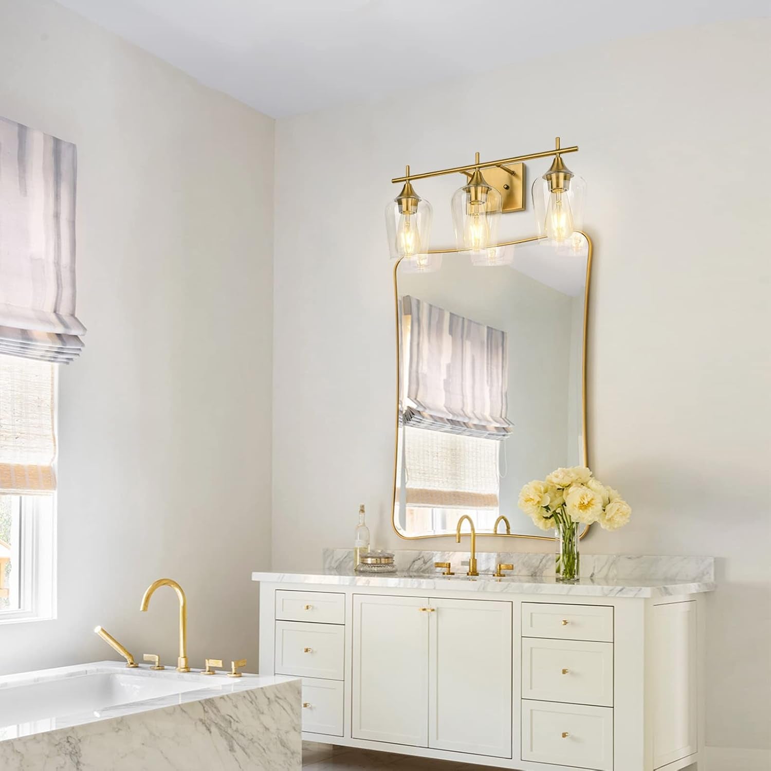 3-Light Gold Bathroom Light Fixtures, Brushed Brass Vanity Lights for Bathroom with Clear Glass Shade over Mirror for Bedroom Hallway Living Room