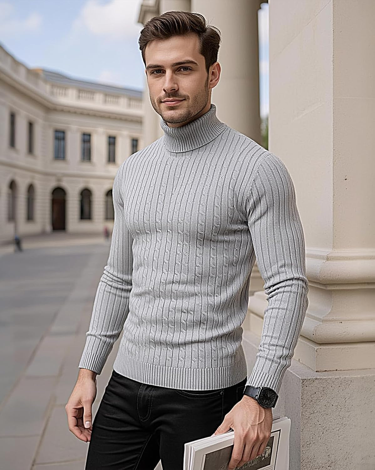 Mens Slim Fit Turtleneck Sweater Cable Knit Thermal Pullover Sweater