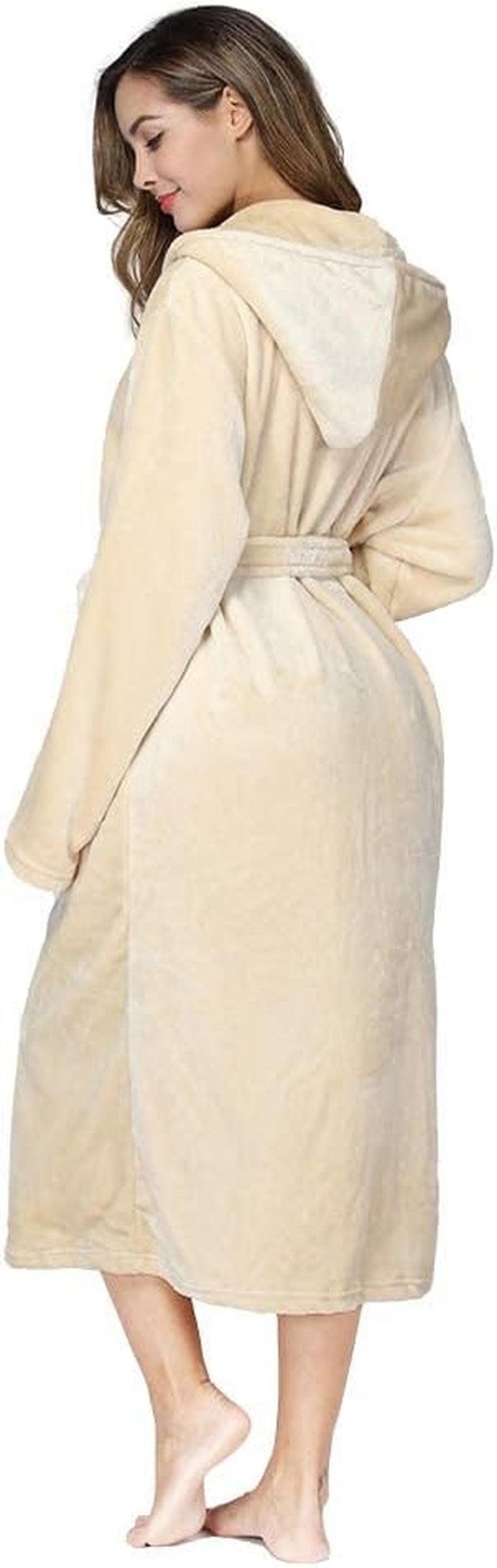 Womens Robes Plush Fleece Yellow Hooded Bathrobe Thick Nightgown with Pockets Fluffy Sleepwear Medium