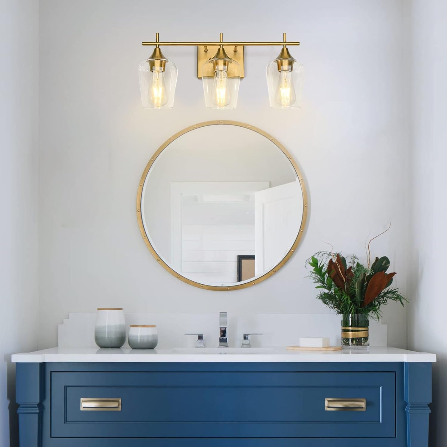 3-Light Gold Bathroom Light Fixtures, Brushed Brass Vanity Lights for Bathroom with Clear Glass Shade over Mirror for Bedroom Hallway Living Room