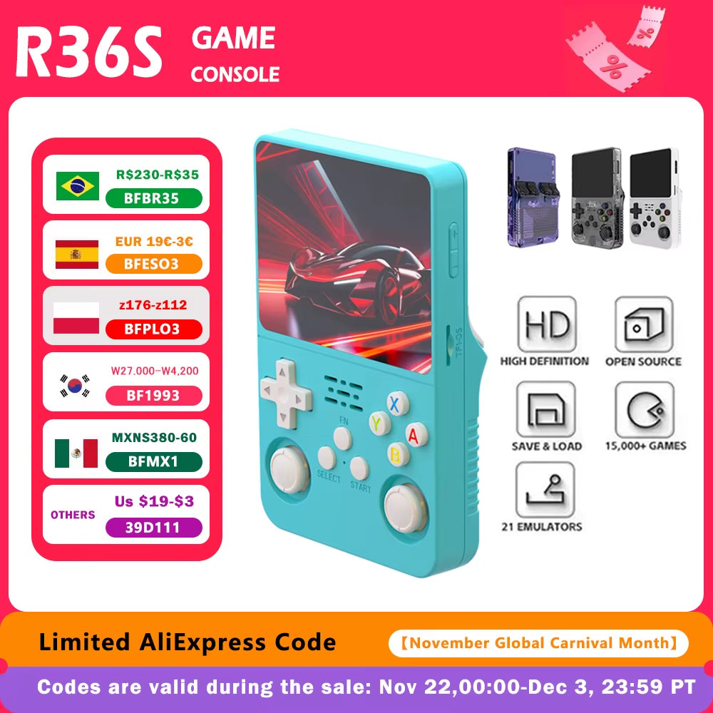 R36S Retro Handheld Video Game Console Linux System 3.5-Inch IPS Screen Portable Handheld Video Player 64GB 15000 Games