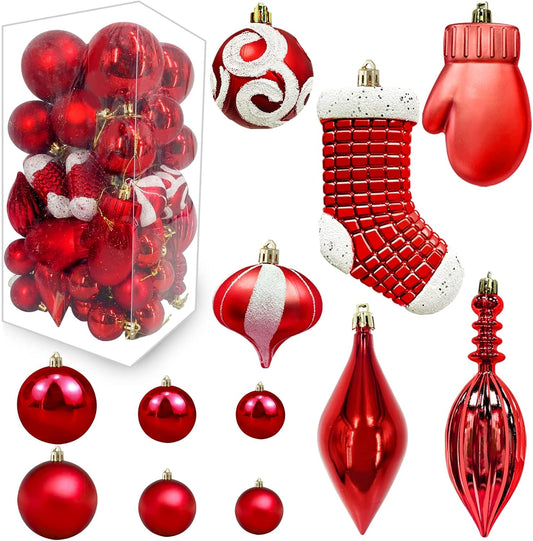 50 Pack Christmas Ball Ornaments 11 Styles Assorted Christmas Tree Decorations Hanging Ornaments Pendant with Strings Shatterproof Holiday Party Xmas Tree Decor Home (Red)