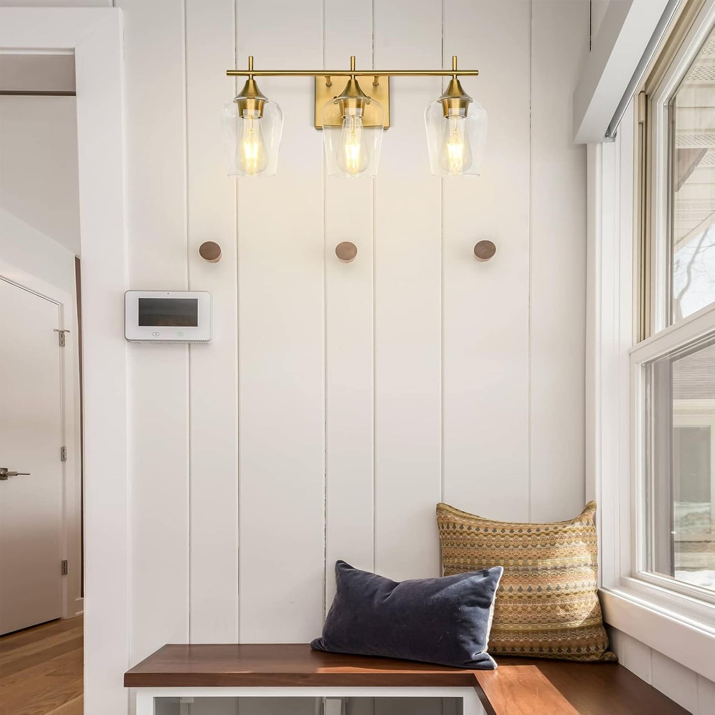 3-Light Gold Bathroom Light Fixtures, Brushed Brass Vanity Lights for Bathroom with Clear Glass Shade over Mirror for Bedroom Hallway Living Room