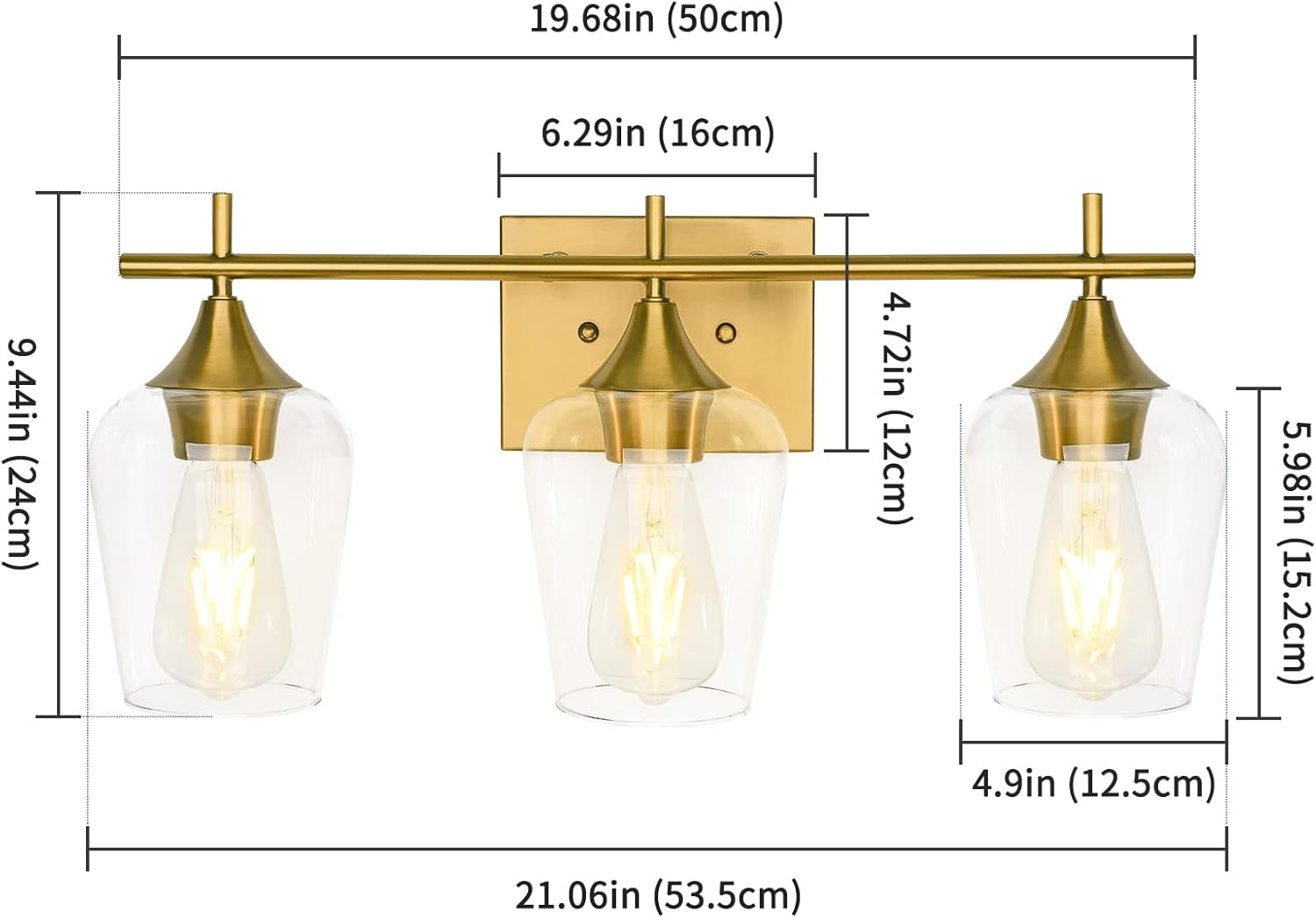 3-Light Gold Bathroom Light Fixtures, Brushed Brass Vanity Lights for Bathroom with Clear Glass Shade over Mirror for Bedroom Hallway Living Room
