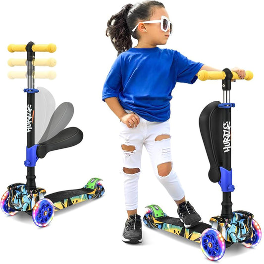 3-Wheeled Scooter for Kids - Wheel LED Lights, Adjustable Lean-To-Steer Handlebar, and Foldable Seat - Sit or Stand Ride with Brake for Boys and Girls Ages 1-14 Years Old